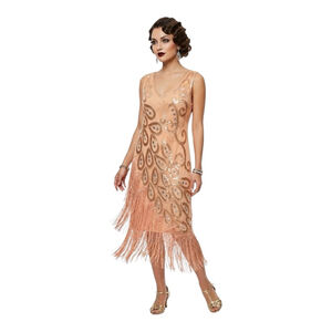 Vijiv 1920s Flapper Fringe Beaded Dress Art Deco Gatsby Peach NWT Size L